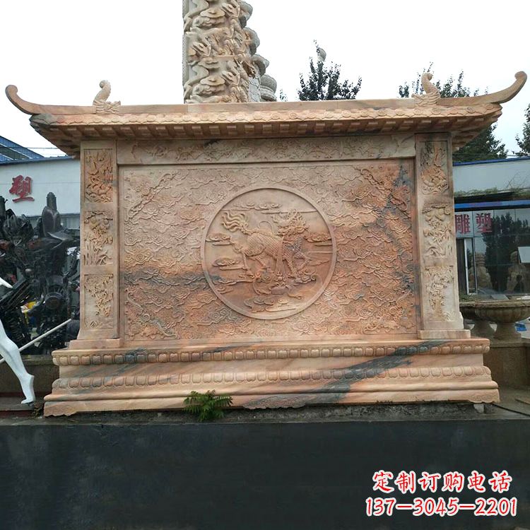 达州晚霞红麒麟影壁墙石雕