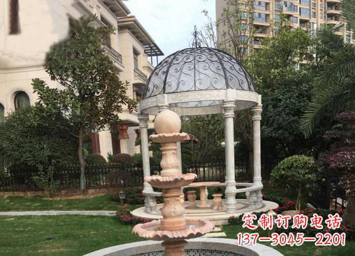 达州晚霞红三层风水球喷泉小区石雕