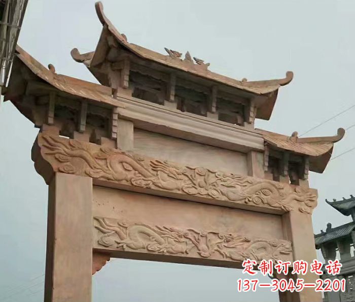 达州晚霞红石雕单门牌坊