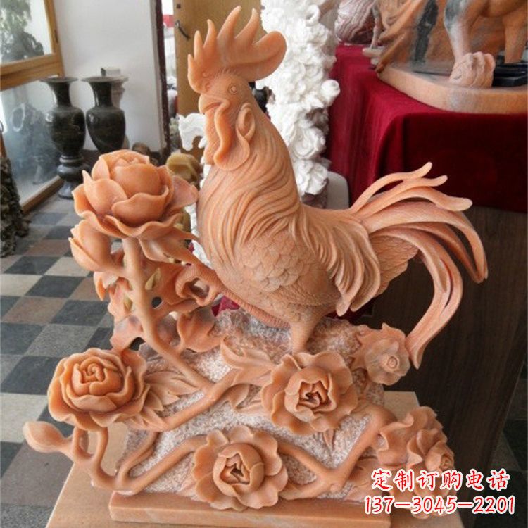 达州晚霞红石雕公鸡雕塑