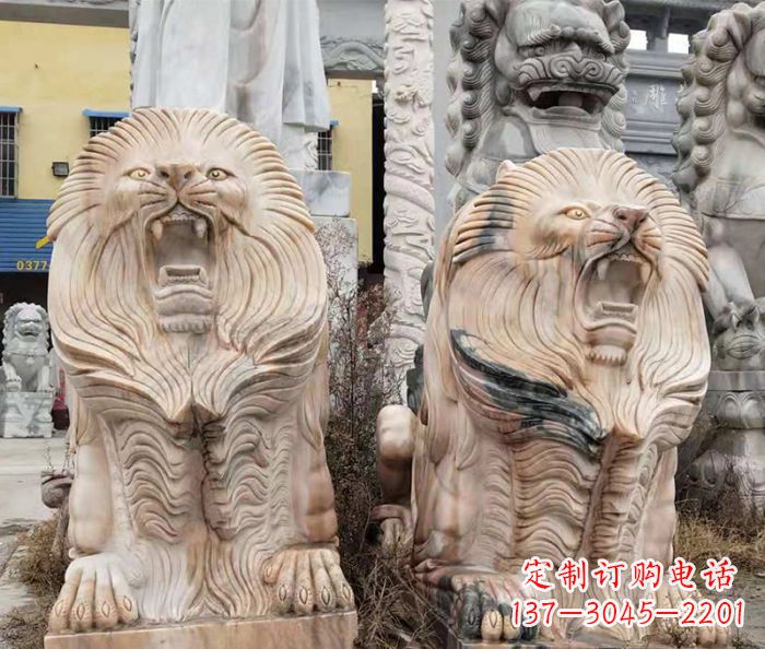 达州晚霞红石雕欧式石狮子