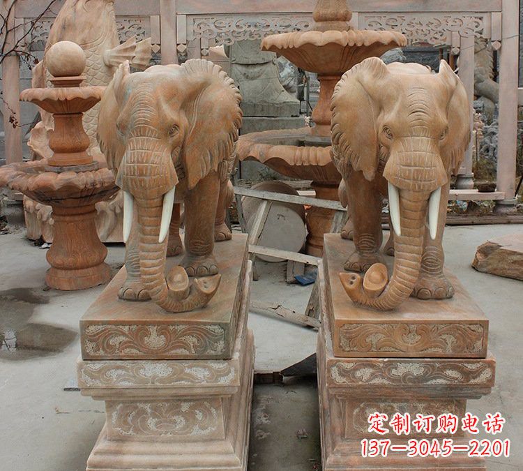 达州晚霞红石雕元宝大象