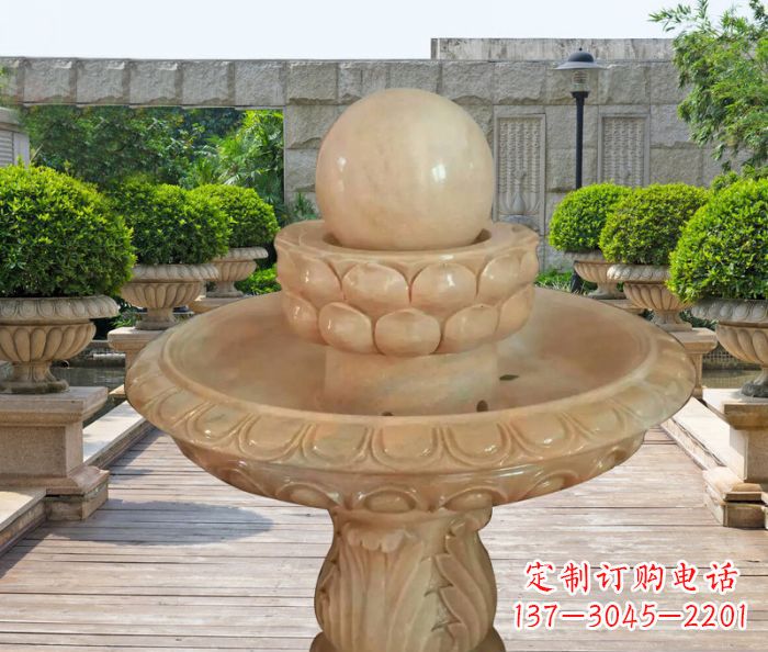 达州晚霞红双层风水球公园喷泉石雕 (2)