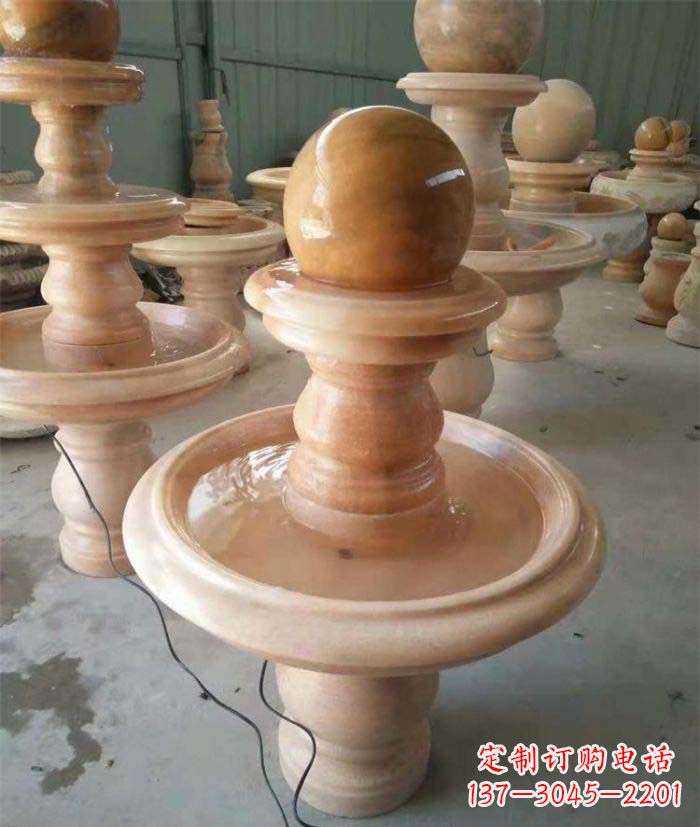 达州晚霞红双层风水球别墅喷泉石雕