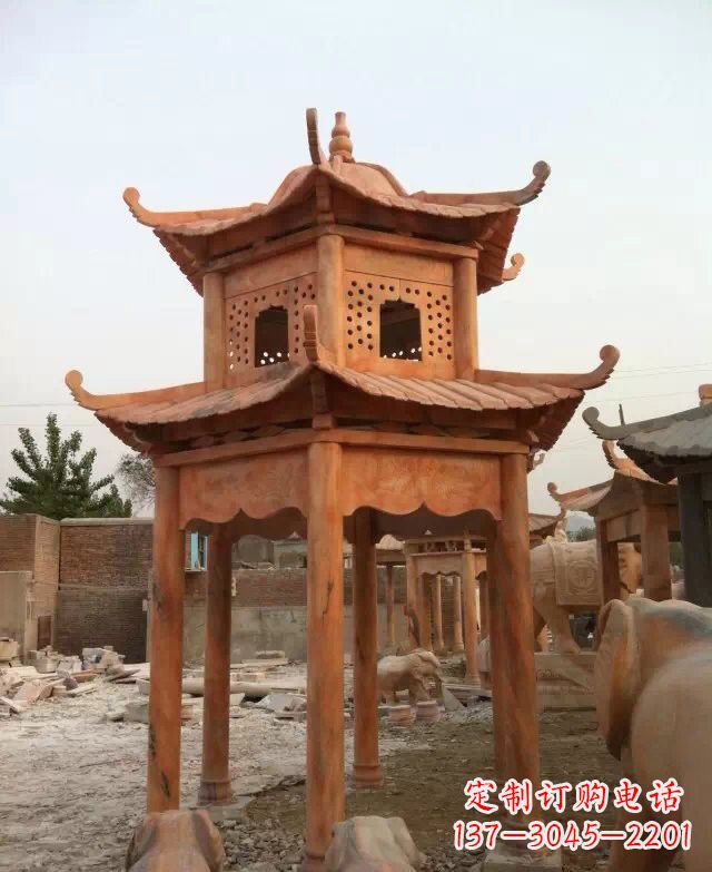 达州晚霞红双层凉亭石雕