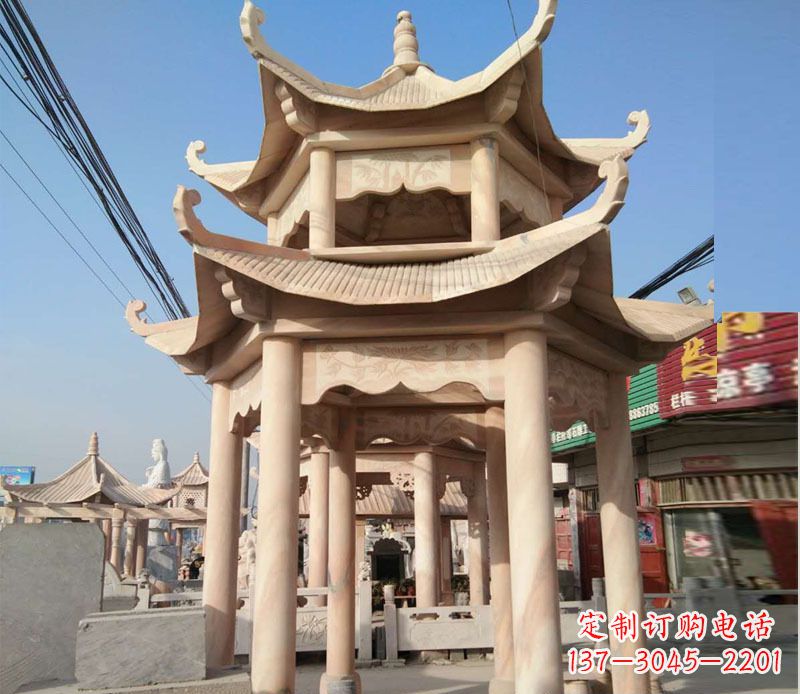 达州晚霞红双层六角凉亭石雕 (3)