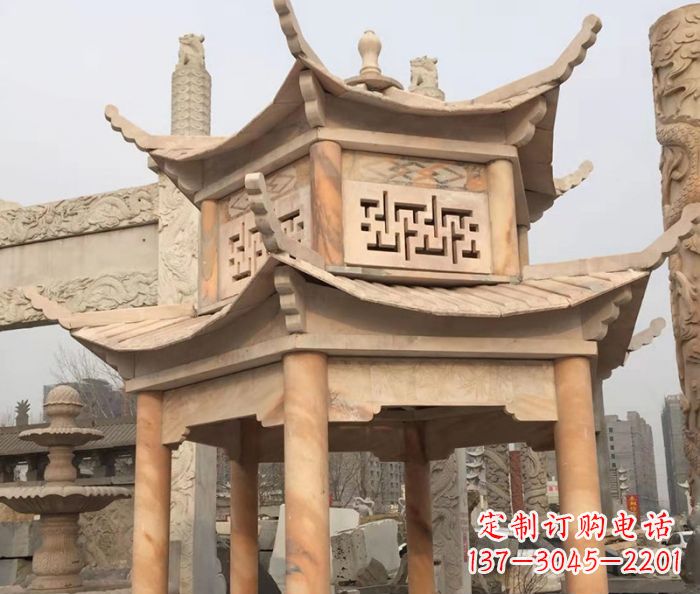 达州晚霞红双层石雕凉亭