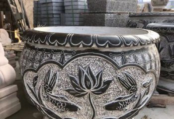 达州青石仿古荷花水缸雕塑