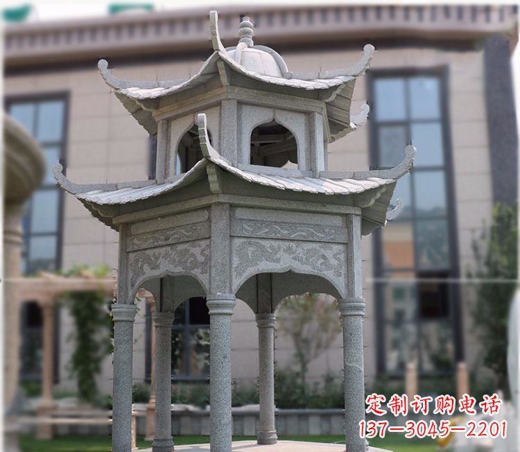 达州小区大理石六角石雕双层凉亭