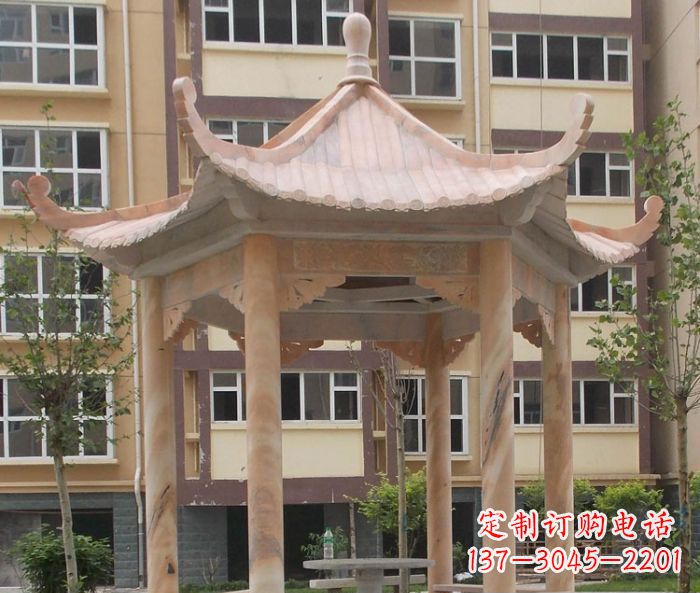 达州小区晚霞红六角凉亭石雕