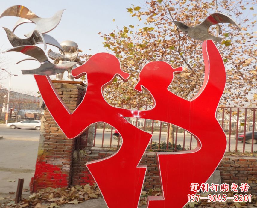 达州校园不锈钢剪影人物和和平鸽雕塑