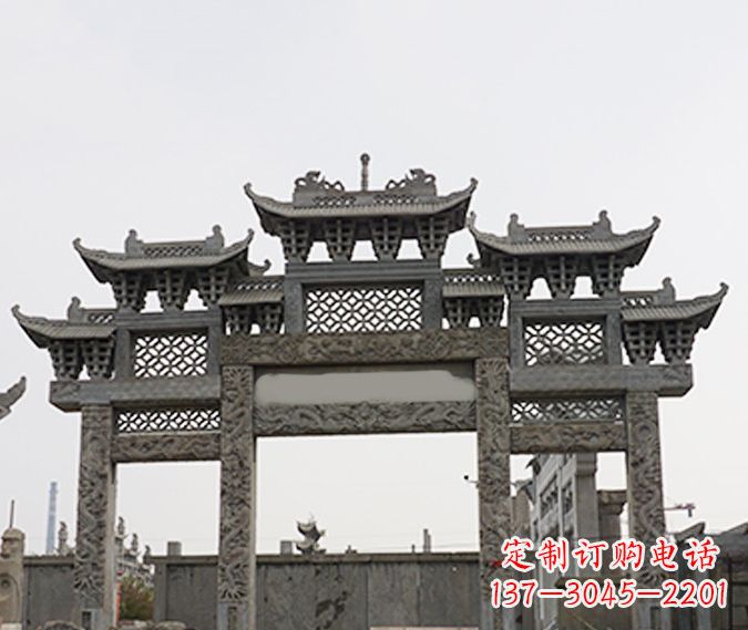 达州园林仿古三门牌坊石雕 (4)