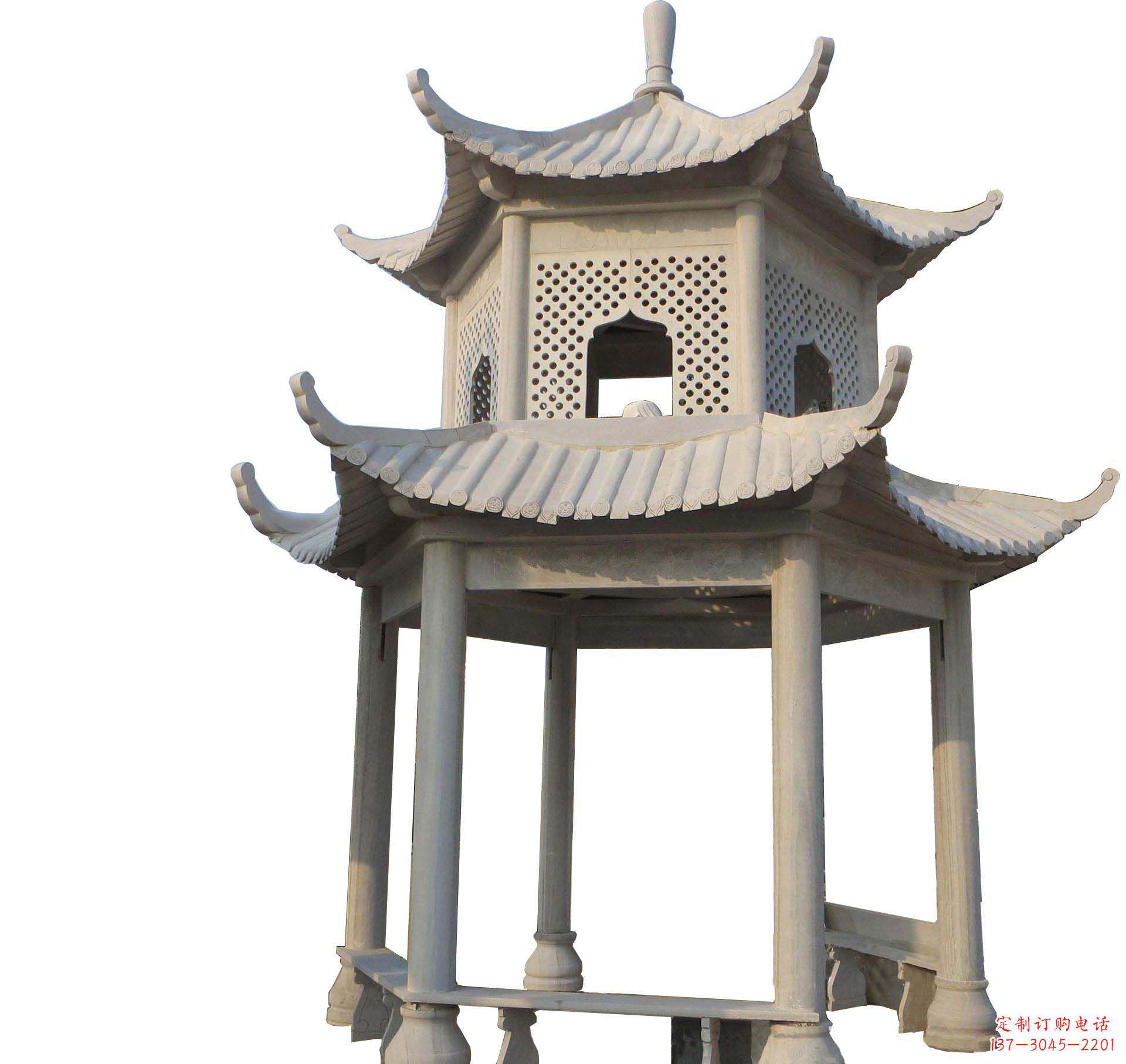 达州园林景观大理石六角石雕双层凉亭