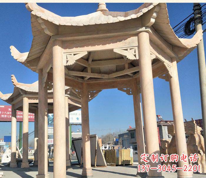 达州园林景观晚霞红六角石雕凉亭 (2)