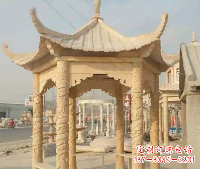 达州园林景观晚霞红六角石雕凉亭 (3)