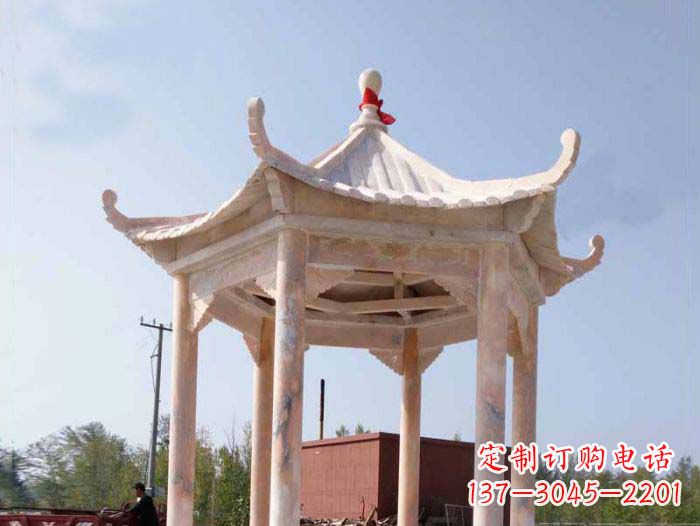 达州园林景观晚霞红六角石雕凉亭