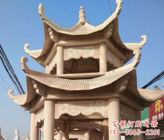 达州园林景观晚霞红双层石雕凉亭 (2)