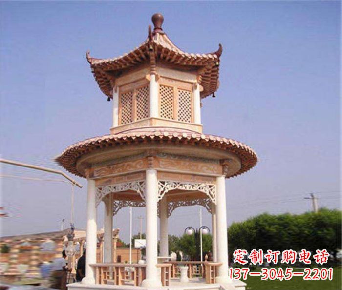 达州园林景观晚霞红双层石雕凉亭 (4)