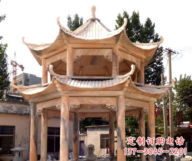 达州园林景观晚霞红双层石雕凉亭
