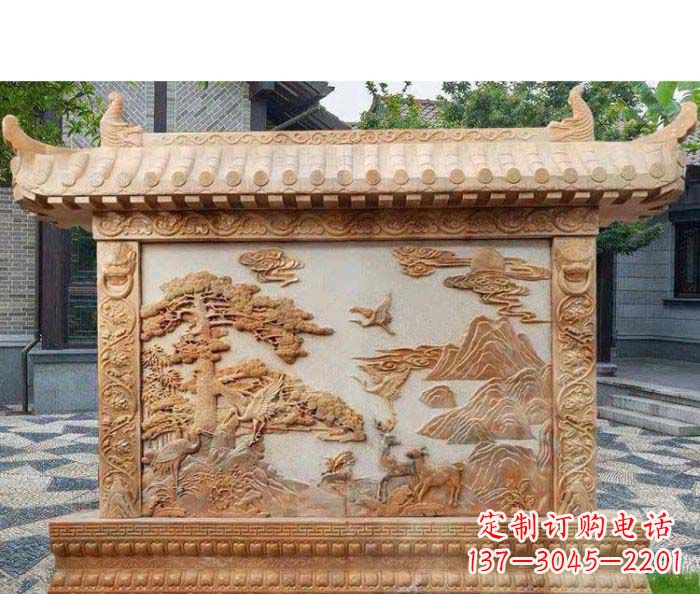 达州园林景观晚霞红松鹤石浮雕影壁
