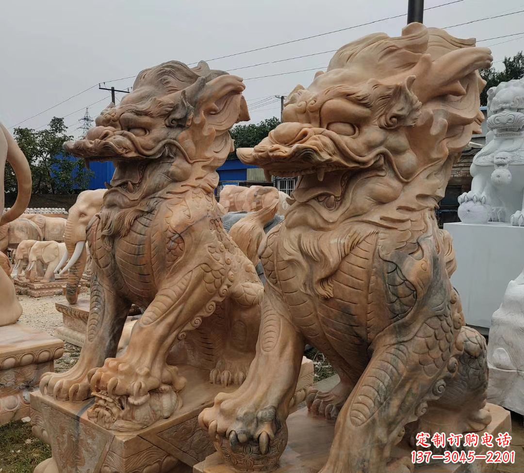 达州园林晚霞红古代招财神兽麒麟石雕