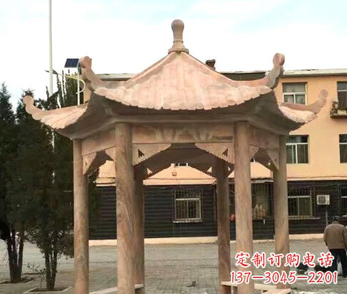 达州园林晚霞红六角石雕凉亭