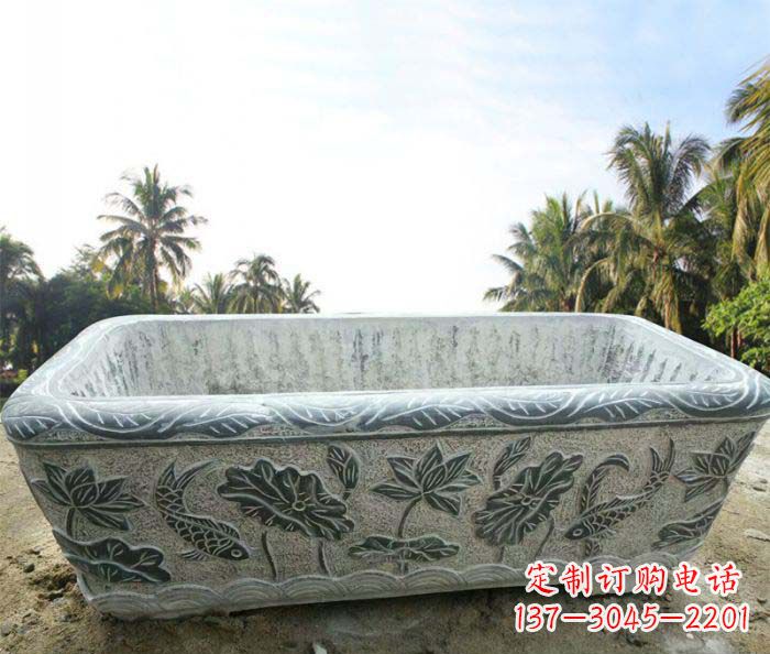 达州长方形连年有余荷花浮雕石水缸