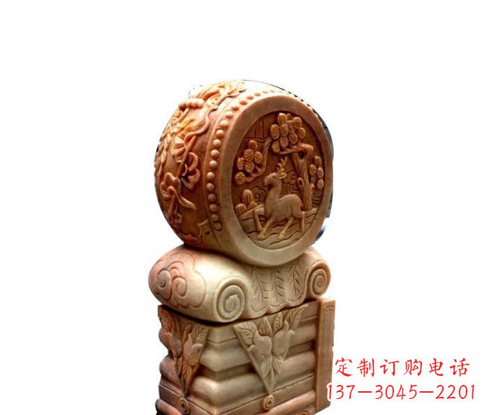达州招财石门墩晚霞红抱鼓石