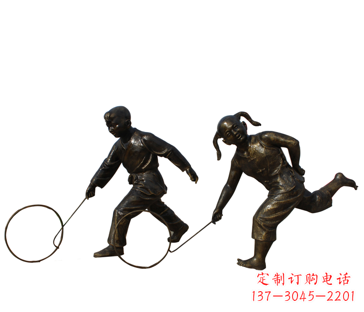 达州公园滚铁环的儿童铜雕