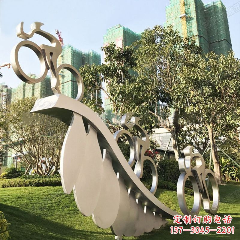 达州自行车雕塑-抽象不锈钢骑自行车人物景观雕塑